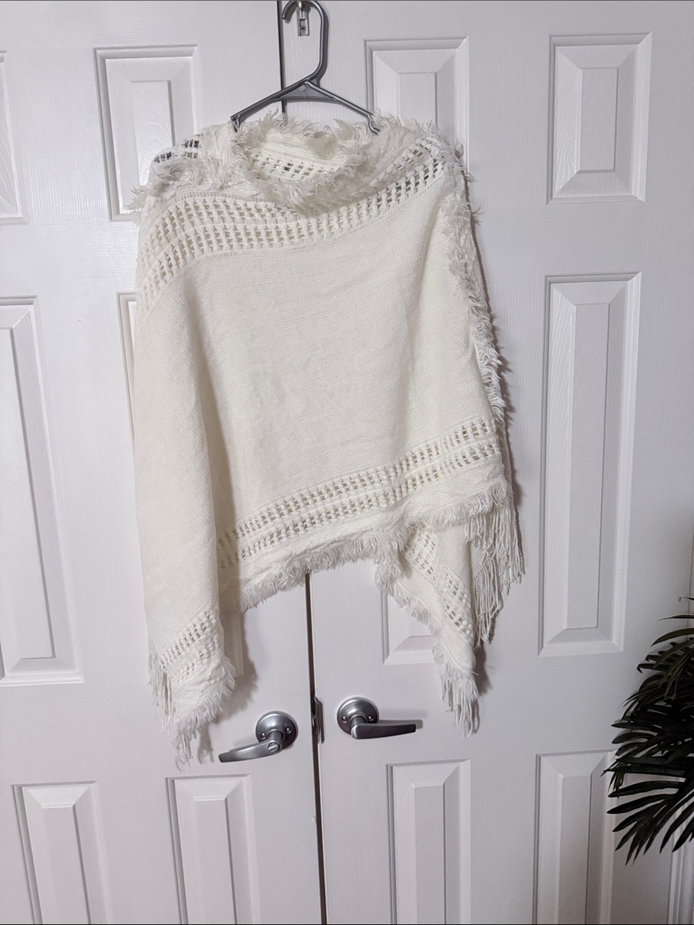 Cream Fringed Knit Throw Poncho